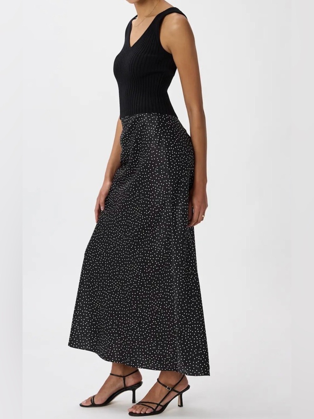 Quince 💯 Silk Black Maxi Skirt with Tiny White Polka Dots